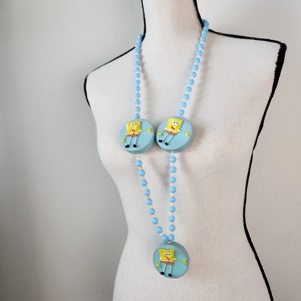 Vintage Y2k SpongeBob Square Pants Yellow Blue White Mardi Gras‎ Beads Necklace